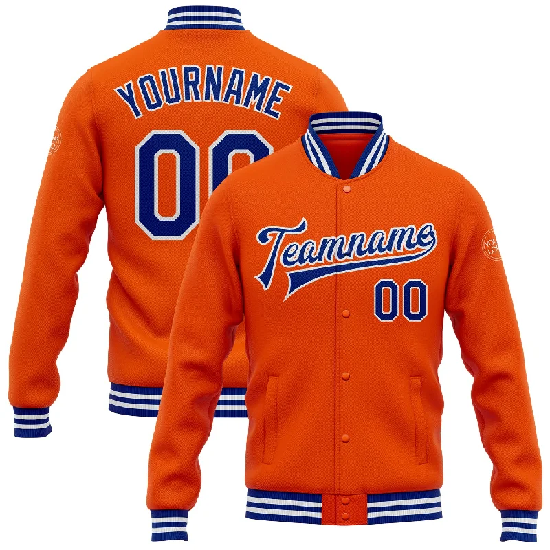 One Size Orange Royal-White Bomber Full-Snap Varsity Letterman Jacket