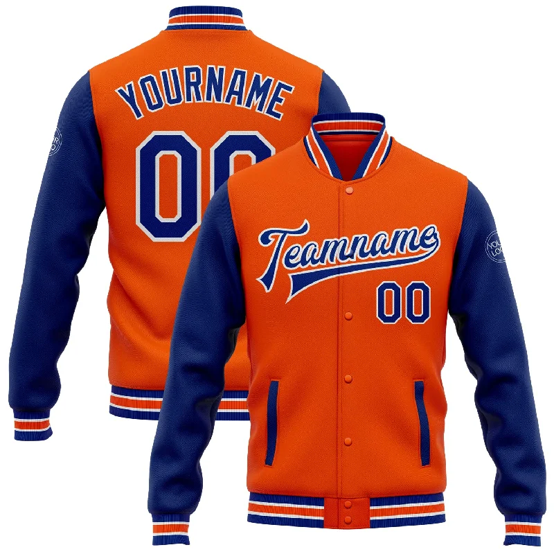 One Size Orange Royal-White Bomber Full-Snap Varsity Letterman Two Tone Jacket