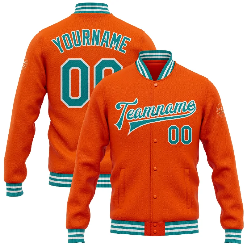 One Size Orange Teal-White Bomber Full-Snap Varsity Letterman Jacket