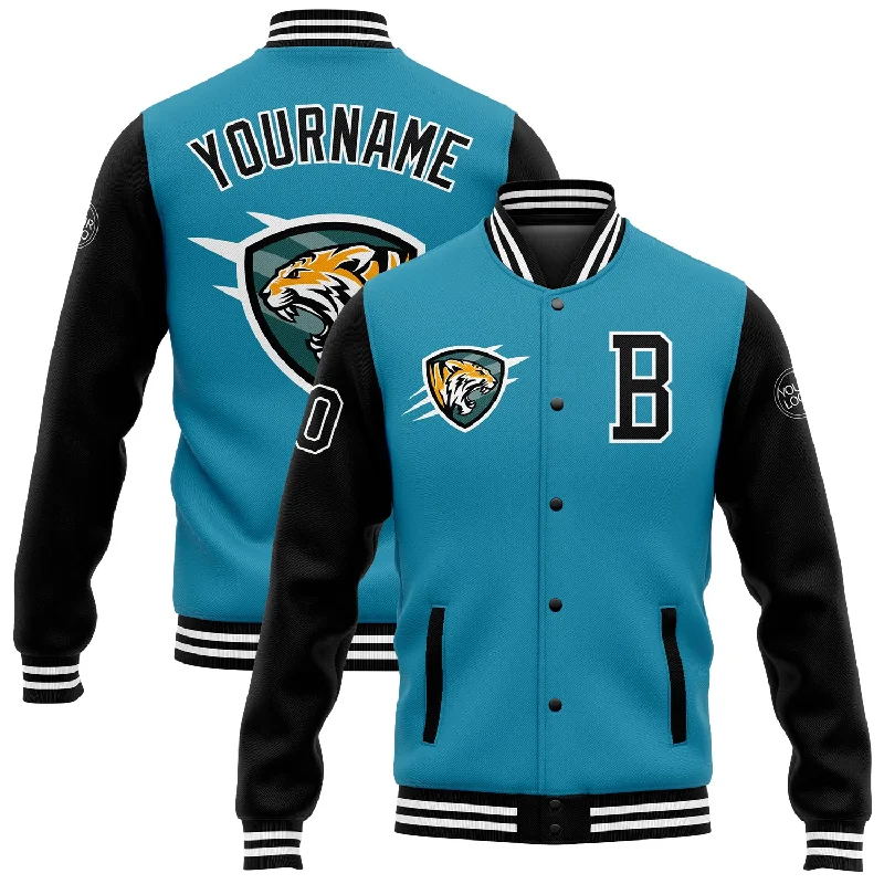 One Size Panther Blue Black-White 3D Pattern Design Bomber Full-Snap Varsity Letterman Jacket