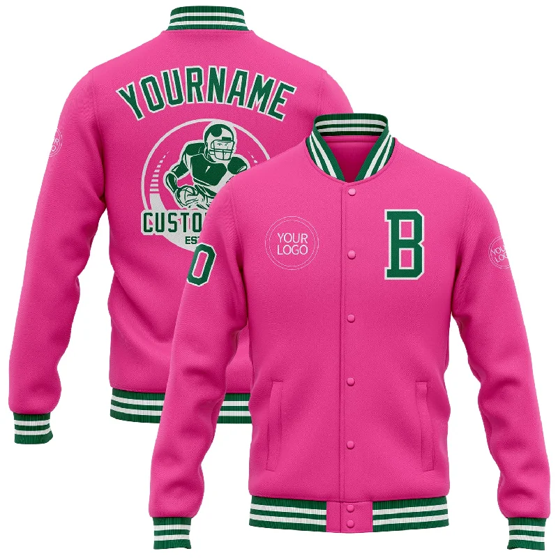 One Size Pink Kelly Green-White Bomber Full-Snap Varsity Letterman Jacket