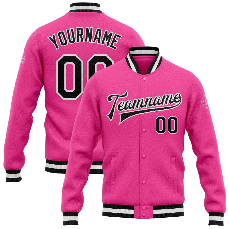 One Size Pink Black-White Bomber Full-Snap Varsity Letterman Jacket