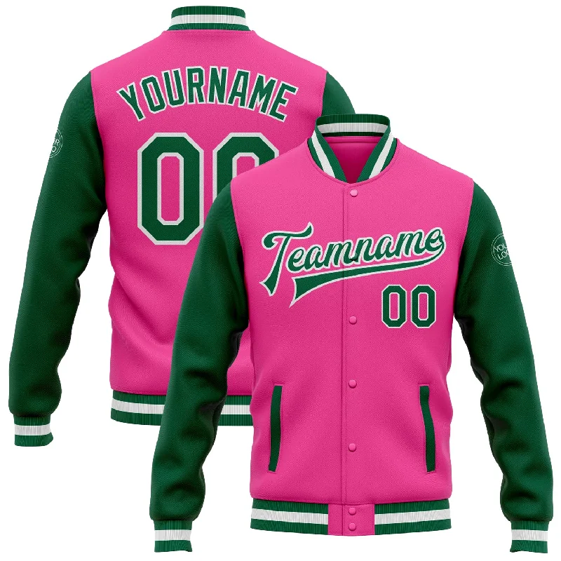 One Size Pink Kelly Green-White Bomber Full-Snap Varsity Letterman Two Tone Jacket