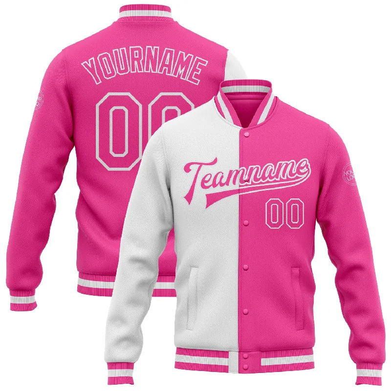 One Size Pink Pink-White Bomber Full-Snap Varsity Letterman Split Fashion Jacket