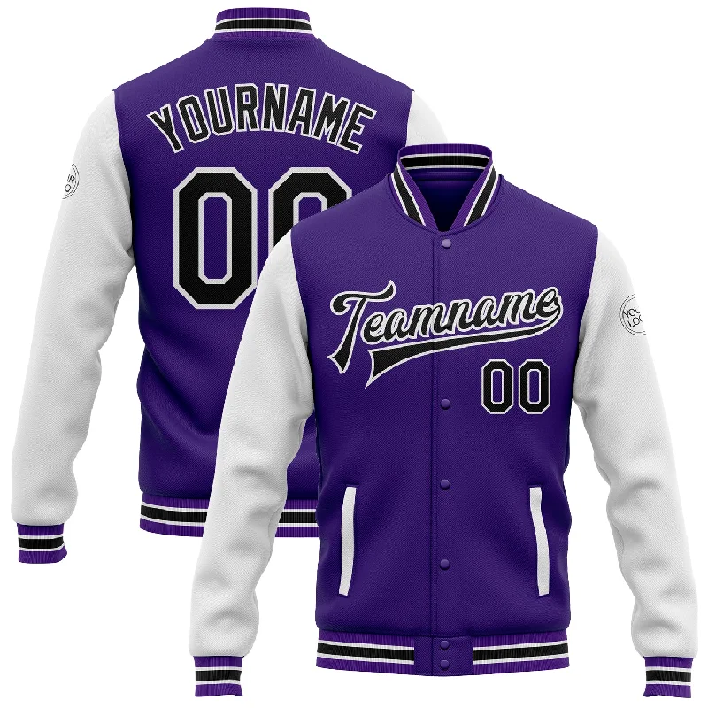 One Size Purple Black-White Bomber Full-Snap Varsity Letterman Two Tone Jacket