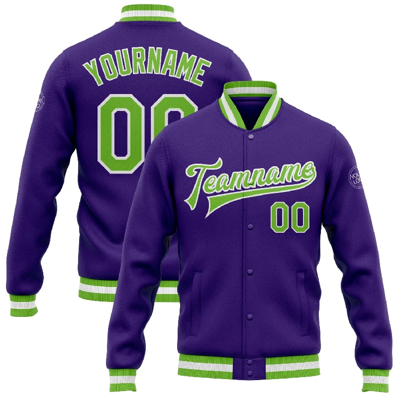 One Size Purple Neon Green-White Bomber Full-Snap Varsity Letterman Jacket