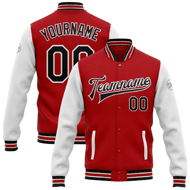 One Size Red Black-White Bomber Full-Snap Varsity Letterman Two Tone Jacket