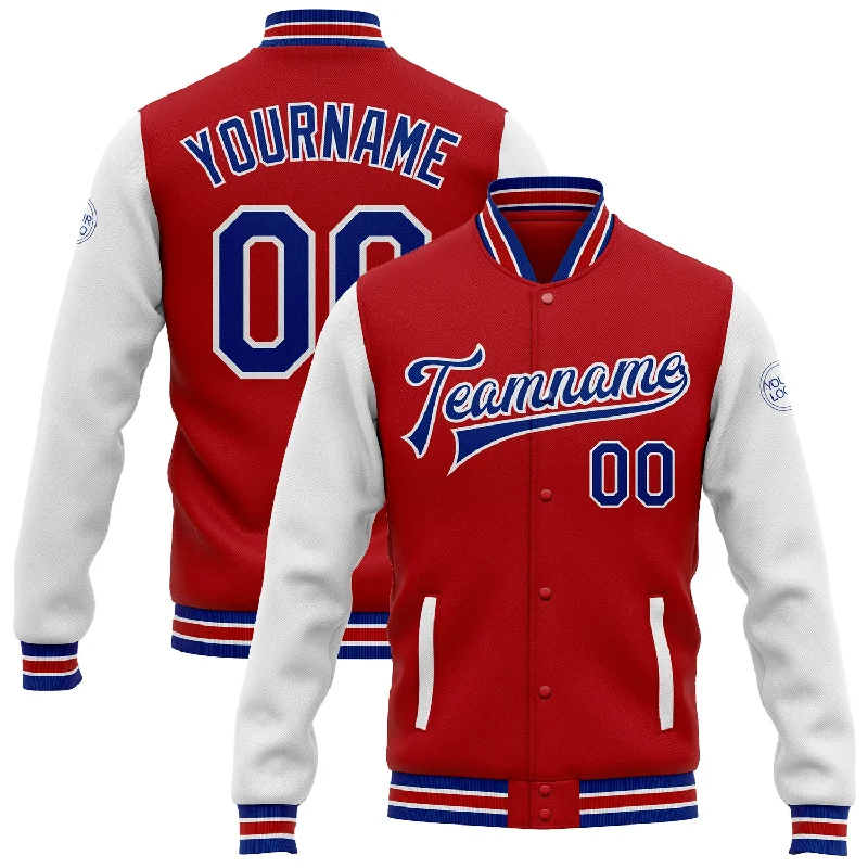 One Size Red Royal-White Bomber Full-Snap Varsity Letterman Two Tone Jacket