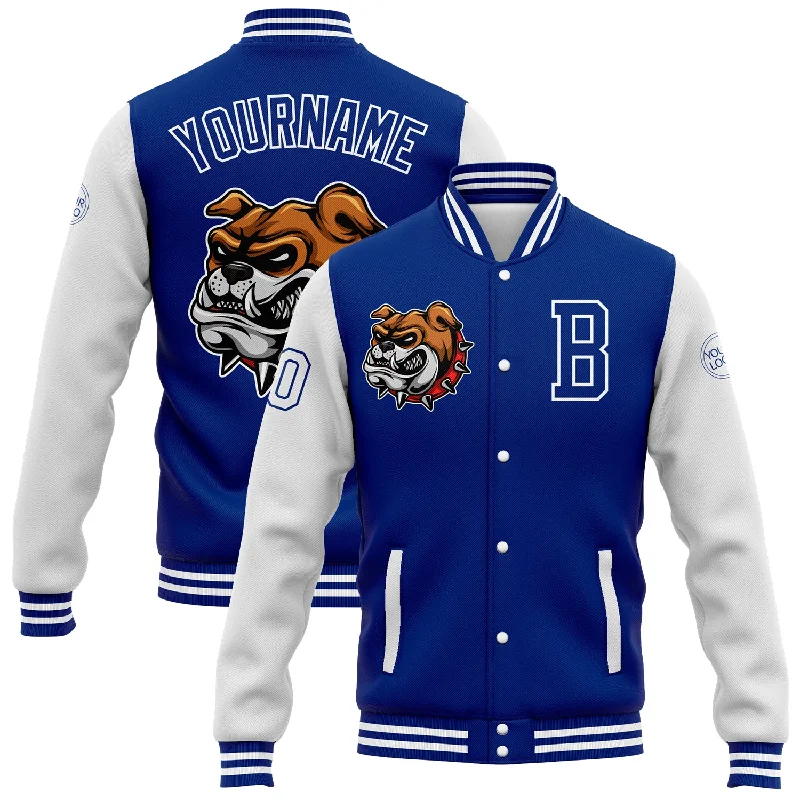 One Size Royal White 3D Pattern Design Bomber Full-Snap Varsity Letterman Jacket