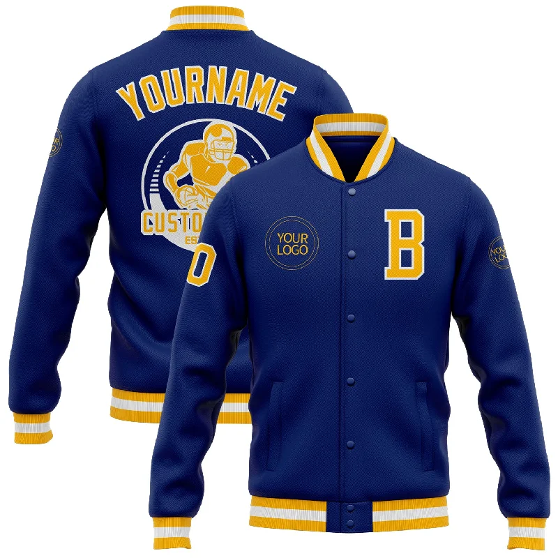 One Size Royal Gold-White Bomber Full-Snap Varsity Letterman Jacket