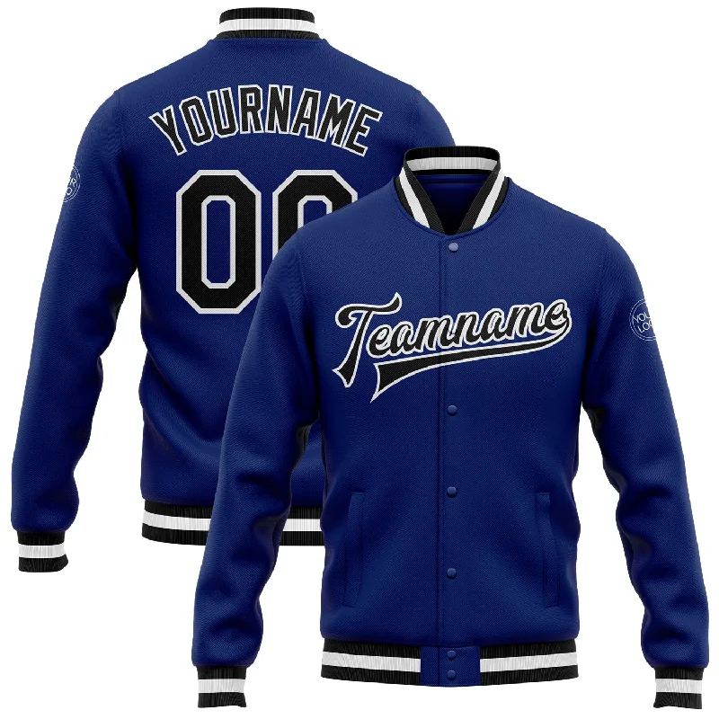 One Size Royal Black-White Bomber Full-Snap Varsity Letterman Jacket