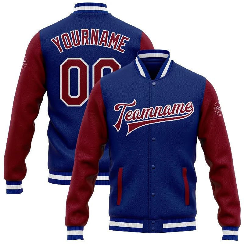 One Size Royal Crimson-White Bomber Full-Snap Varsity Letterman Two Tone Jacket