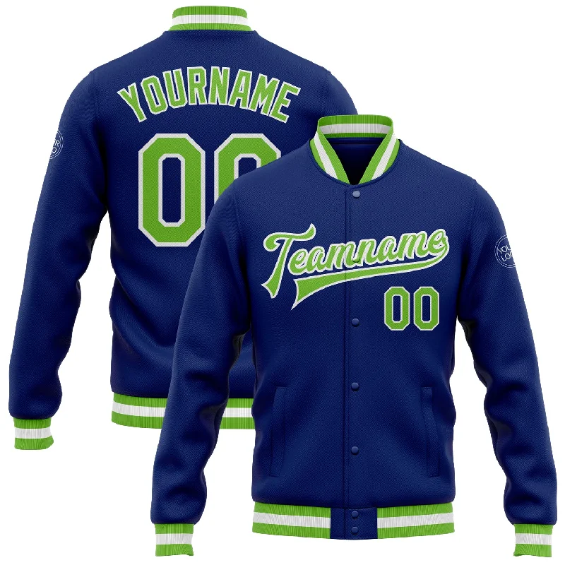 One Size Royal Neon Green-White Bomber Full-Snap Varsity Letterman Jacket