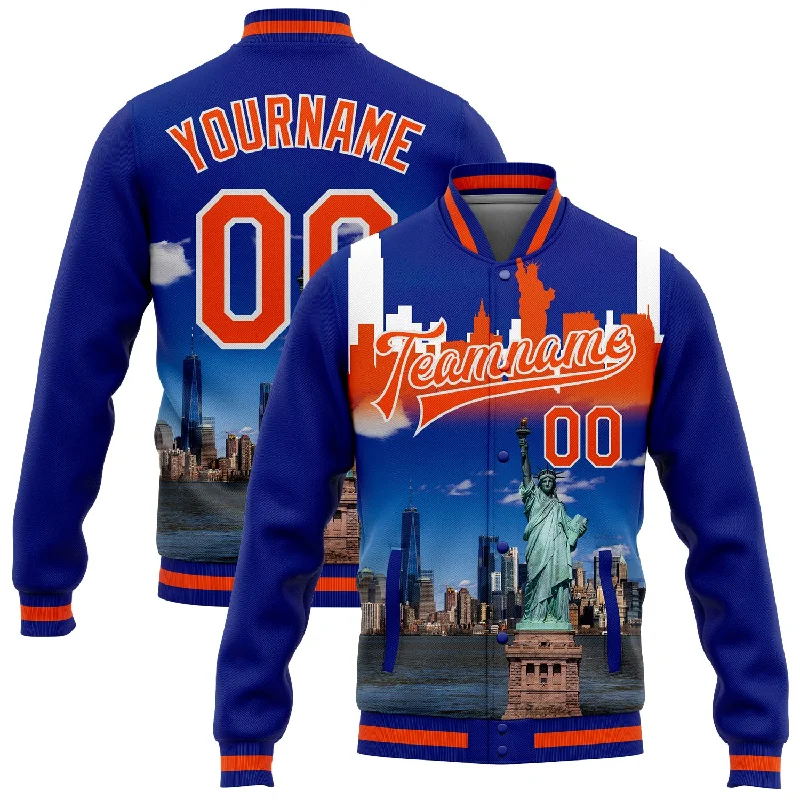 One Size Royal Orange-White Statue Of Liberty New York City Edition 3D Bomber Full-Snap Varsity Letterman Jacket