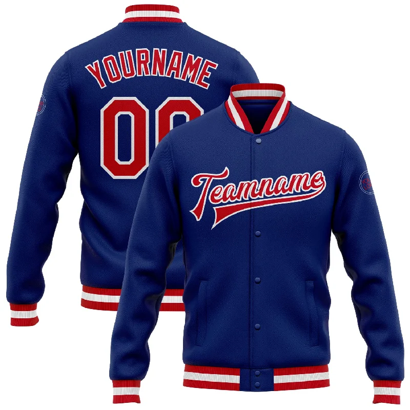 One Size Royal Red-White Bomber Full-Snap Varsity Letterman Jacket