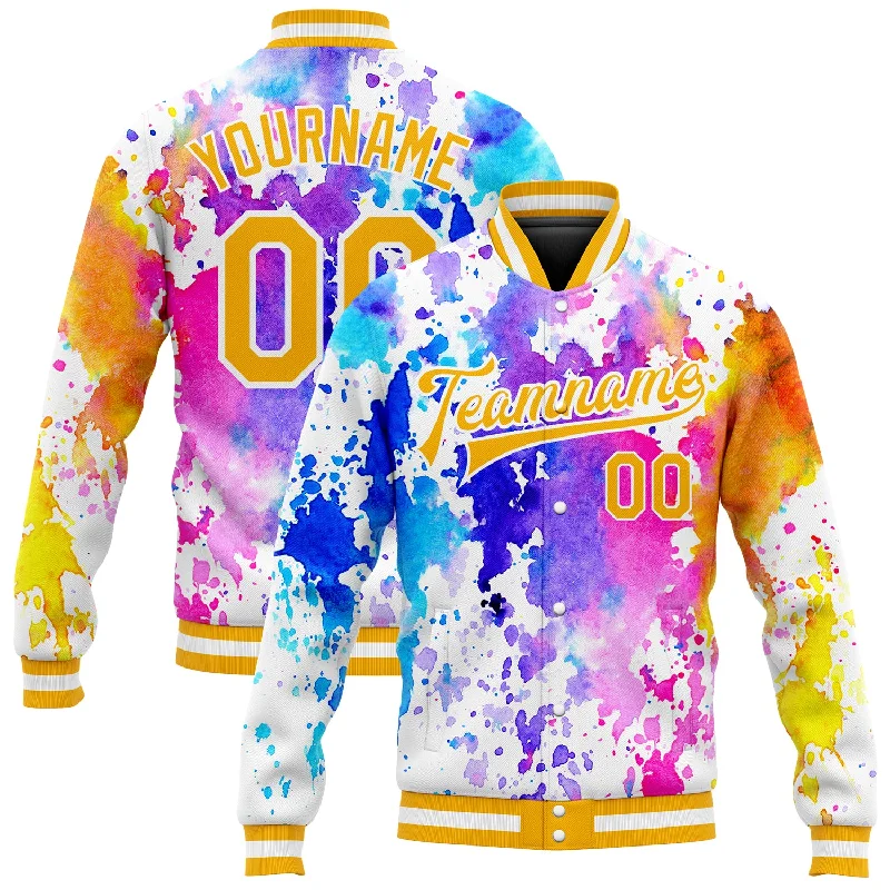 One Size Tie Dye Gold-White Rainbow 3D Bomber Full-Snap Varsity Letterman Jacket