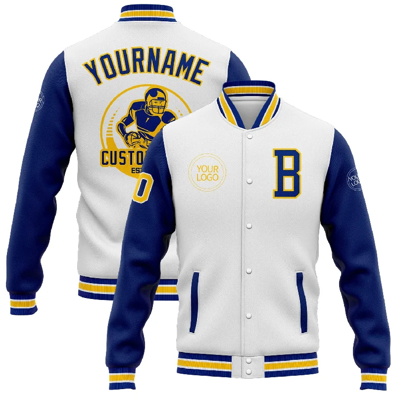 One Size White Royal-Yellow Bomber Full-Snap Varsity Letterman Two Tone Jacket