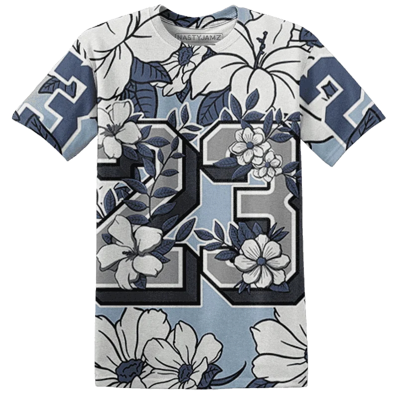 NastyJamz Mid Diffused Blue Grey 1s T-Shirt Match 23 Floral Flower All-Over Print